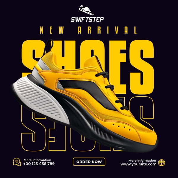sneakers, athletic shoes, running shoes, sport shoes, casual sneakers, trainer shoes, new arrival, product launch, modern typography, minimalist, bold, energetic, black, yellow